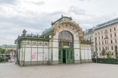 Vienna, Austria - August 30, 2020: Otto-Wagner-pavilion, Karlsplatz station of the Vienna Stadtbahn.のeditorial素材