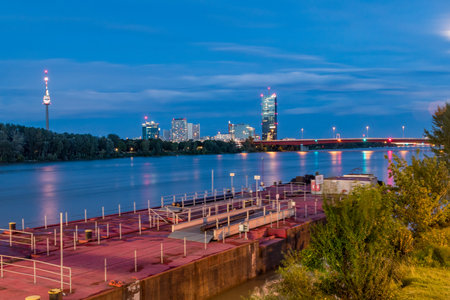 View of Danube river bank at night in Vienna, Austria.の写真素材
