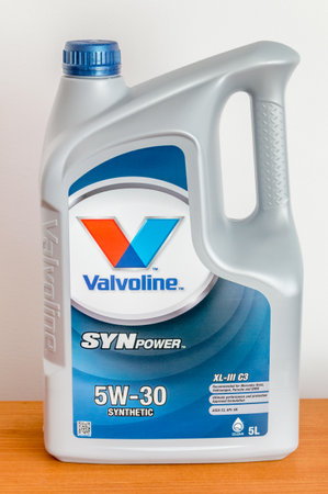 Pruszcz Gdanski, Poland - November 29, 2020: 5L plastic bottle of motor oil Valvoline SYN Power 5w-30 Synthetic.のeditorial素材
