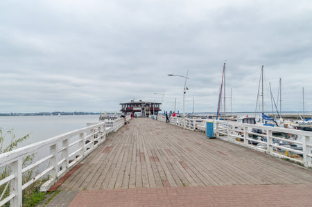 Puck, Poland - September 20, 2020: Wooden pier on Puck Bay.のeditorial素材