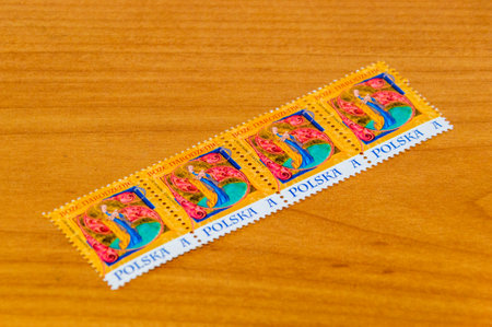 Pruszcz Gdanski, Poland - December 13, 2020: Unsend Polish christmas postage stamps.
