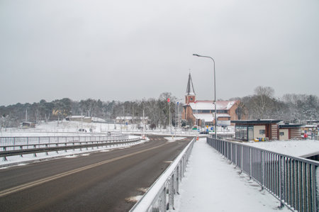 Gdansk, Poland - January 28, 2021: Entrance to  Sobieszewska island at winter time.のeditorial素材
