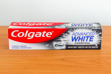 Pruszcz Gdanski, Poland - February 22, 2021: Colgate advanced white charcoal tooth paste.のeditorial素材
