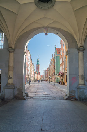 Gdansk, Poland - March 31, 2021: View of Long lane from Golden Gate (Polish: Zlota Brama) in old...