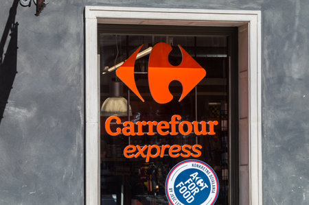 Gdansk, Poland - March 31, 2021: Carrefour express logo and sign.