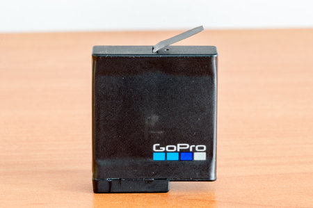 Pruszcz Gdanski, Poland - April 8, 2021: GoPro hero battery. Battery of GoPro 7.