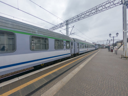 Gdansk, Poland - April 12, 2021: PKP Intercity train at Gdansk Glowny railway station.のeditorial素材