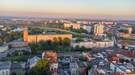 Aerial view on sunrise time in city center of Opole. City view from bird sight. City from drone.の写真素材