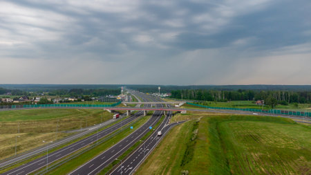 Zory, Poland - June 5, 2021: Aerial view on highway A1 officially named Amber Highway.のeditorial素材