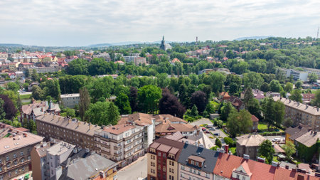 Cesky Tesin, Czech Republic - June 5, 2021: Aerial view on city center of Cesky Tesin in Czech Republic. City view from bird sight. Cesky Tesin is located on the Olza River, on Polish-Czech border.のeditorial素材