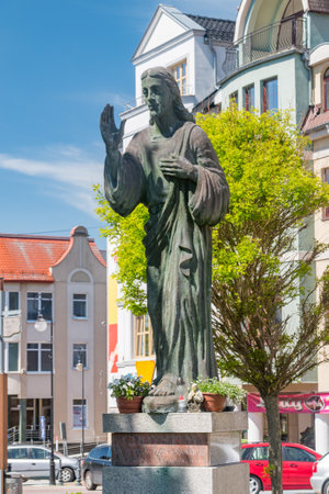 Bytow, Poland - May 31, 2021: Sculpture of Jesus Christ in old town of Bytow.のeditorial素材