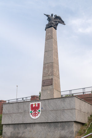 Gorzow Wielkopolski, Poland - June 1, 2021: Obelisk for commemorating the pioneers of the city of Gorzow Wielkopolski.のeditorial素材