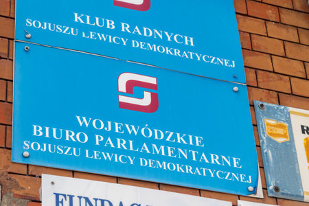 Swiebodzin, Poland - June 1, 2021: Provincial parliamentary office of Democratic Left Alliance (Polish: Sojusz Lewicy Demokratycznej).のeditorial素材