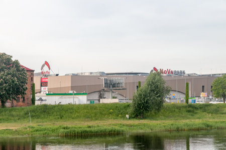 Gorzow Wielkopolski, Poland - June 1, 2021: NoVa park shopping mall view from Warta river.のeditorial素材