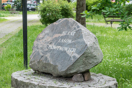 Zielona Gora, Poland - June 1, 2021: Stone commemorating 80 years of state forests in Poland.のeditorial素材