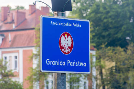 Republic of Poland border sign with Polish inscription Republic of Poland, state border.の写真素材