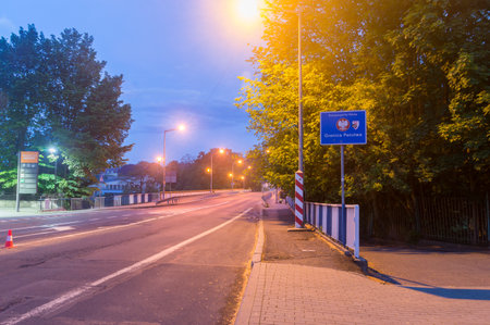 Zgorzelec, Poland - June 2, 2021: Night view on border bridge between Poland and German in the morning. Bridge between Zgorzelec city and Gorlitz city.のeditorial素材