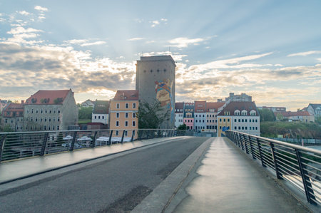 Gorlitz, Germany - June 2, 2021: View on Zgorzelec-Gorlitz Old Town Bridge with Mill with WAZE (Artistic Image of United Europe) art, Artistic Image of United Europe by Vahan Bego.のeditorial素材
