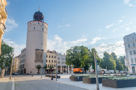 Gorlitz, Germany - June 2, 2021: Thick Tower (German: Dicker Turm) at Marienplatz. Originally, part of the historic fortification, the Thick Tower is now located in the center of Gorlitz.のeditorial素材