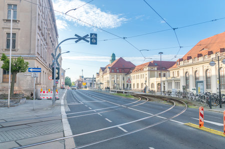 Gorlitz, Germany - June 2, 2021: Bahnhofstrasse (Bahnhof street) with tram track in Gorlitz downtown.のeditorial素材
