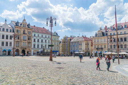 Liberec, Czech Republic - June 2, 2021: Town hall square in Liberec. E. Benes Square.