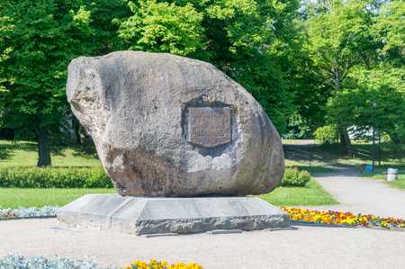 Zgorzelec, Poland - June 2, 2021: Europe City stone in city park.のeditorial素材
