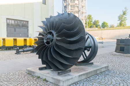 Walbrzych, Poland - June 3, 2021: Impeller with drive shaft and fan pulley at Old Mine in Walbrzych.のeditorial素材