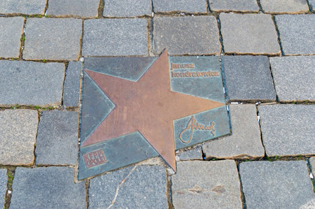 Opole, Poland - June 4, 2021: Star of Janusz Kondratowicz at Walk of Fame in Opole known as Avenue of the Stars of the Polish Song Festival. Janusz Kondratowicz was a Polish poet.のeditorial素材