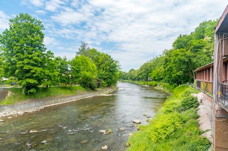 The Olza between Cesky Tesin in Czech Republic and Cieszyn in Poland.の写真素材