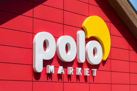 Szczyrk, Poland - June 6, 2021: Polomarket logo. Polomarket is a retail chain of grocery stores.のeditorial素材