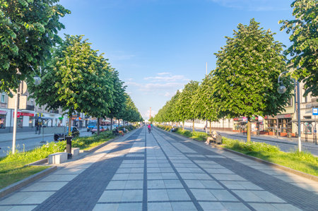 Czestochowa, Poland - June 6, 2021: Saint Mary Avenue in Czestochowa. Street in Czestochowa, which is the main, representative communication artery of the city center.のeditorial素材