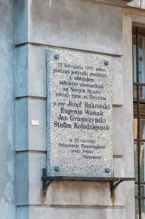 Lodz, Poland - June 7, 2021: Plaque commemorating the fallen soldiers: Jozef Bukowski, Eugenia Wasiak, Jan Gruszczynski, Stefan Kolodziejczak.のeditorial素材