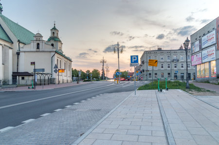 Czestochowa, Poland - June 6, 2021: Sunset view on street in city center of Czestochowa.のeditorial素材