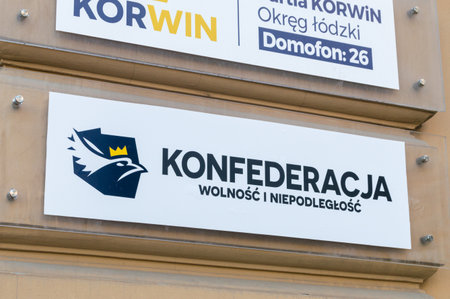 Lodz, Poland - June 7, 2021: Logo and sign of Confederation Liberty and Independence (Polish: Konfederacja Wolnosc i Niepodleglosc), far-right political party and electoral list in Poland.のeditorial素材