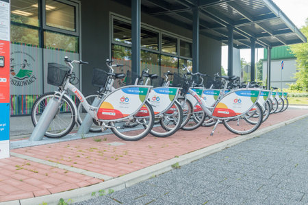 Pruszkow, Poland - June 15, 2021: Rental city bikes.のeditorial素材