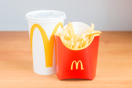 Pruszcz Gdanski, Poland - July 17, 2021: McDonald french fries and cup.