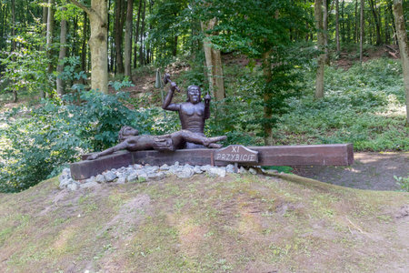 Gdansk, Poland - July 7, 2021: Jesus is nailed to the cross, Stations of the Cross at Sanctuary of Our Lady of Pregnancy in Gdansk Matemblewo.のeditorial素材