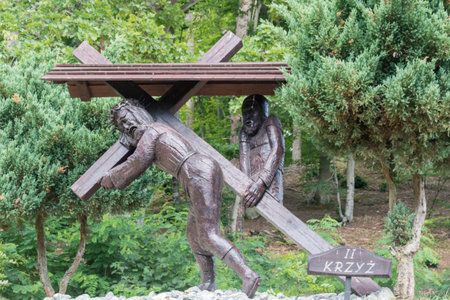 Gdansk, Poland - July 7, 2021: Jesus takes up his Cross, Stations of the Cross at Sanctuary of Our Lady of Pregnancy in Gdansk Matemblewo.のeditorial素材