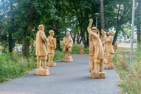 Hel, Poland - July 20, 2021: Wooden sculptures on Kashubian Sculpture Gallery in Hel.のeditorial素材