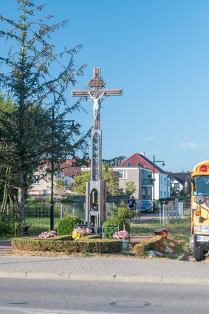 Jastarnia, Poland - July 20, 2021: Cross on the main road in Jastarnia.のeditorial素材