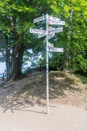 Jastrzebia Gora, Poland - July 21, 2021: Arrows pointing direction and distances measured from the Jastrzebia Gora to the different cities in the World.のeditorial素材