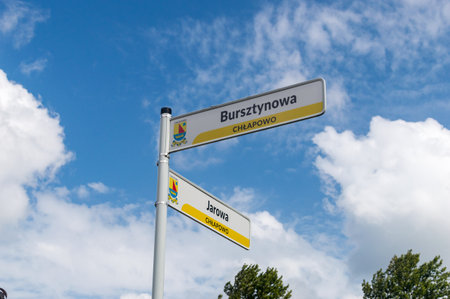 Chlapowo, Poland - July 21, 2021: Chlapowo street information post. Chlapowo is a Seaside resort and a Kashubian village.のeditorial素材