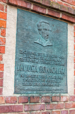 Grudziadz, Poland - July 26, 2021: Commemorative plaque for the stop of the ship with the ashes of Juliusz Slowacki.のeditorial素材