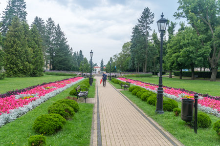 Ciechocinek, Poland - July 26, 2021: Alley in the Hellwig park.のeditorial素材