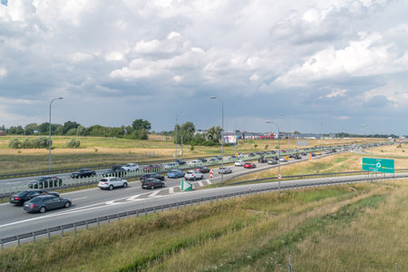 Pruszcz Gdanski, Poland - July 31, 2021: Vehicles traveling slowly in the heavy traffic on highway in Poland.のeditorial素材