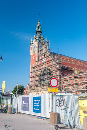Gdansk, Poland - July 31, 2021: Main railway station of Gdansk. Railway station during renovation.のeditorial素材