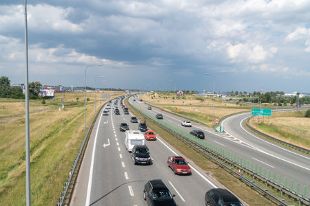 Pruszcz Gdanski, Poland - July 31, 2021: Very long traffic jam to toll station of A1 highway in...