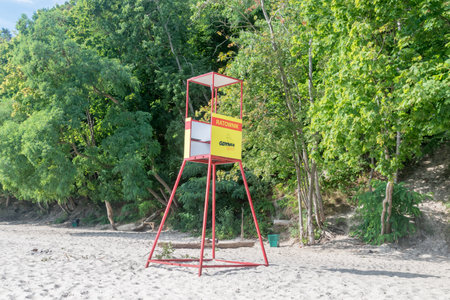 Gdynia, Poland - August 1, 2021: Lifeguard tower on Baltic Sea in Gdynia.のeditorial素材