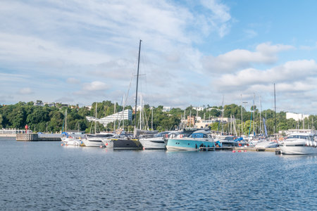 Gdynia, Poland - August 1, 2021: Motorboats and boats in a new modern marina.のeditorial素材