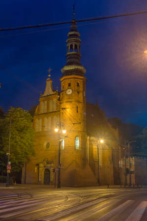 Night view on Church of the Assumption of the Blessed Virgin Mary in Bydgoszcz, Poland.